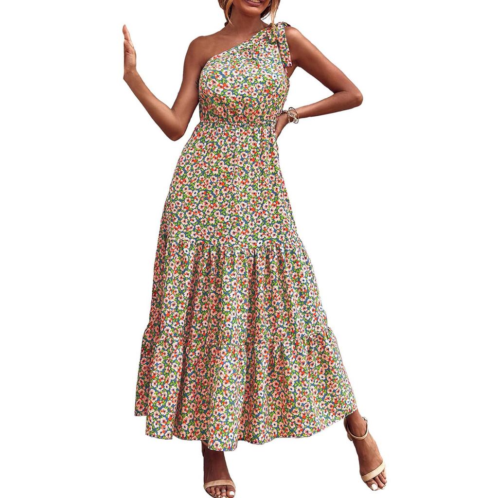 Women's Single Shoulder Bohemian Floral Dress Beach Vacation Hem Long Dress