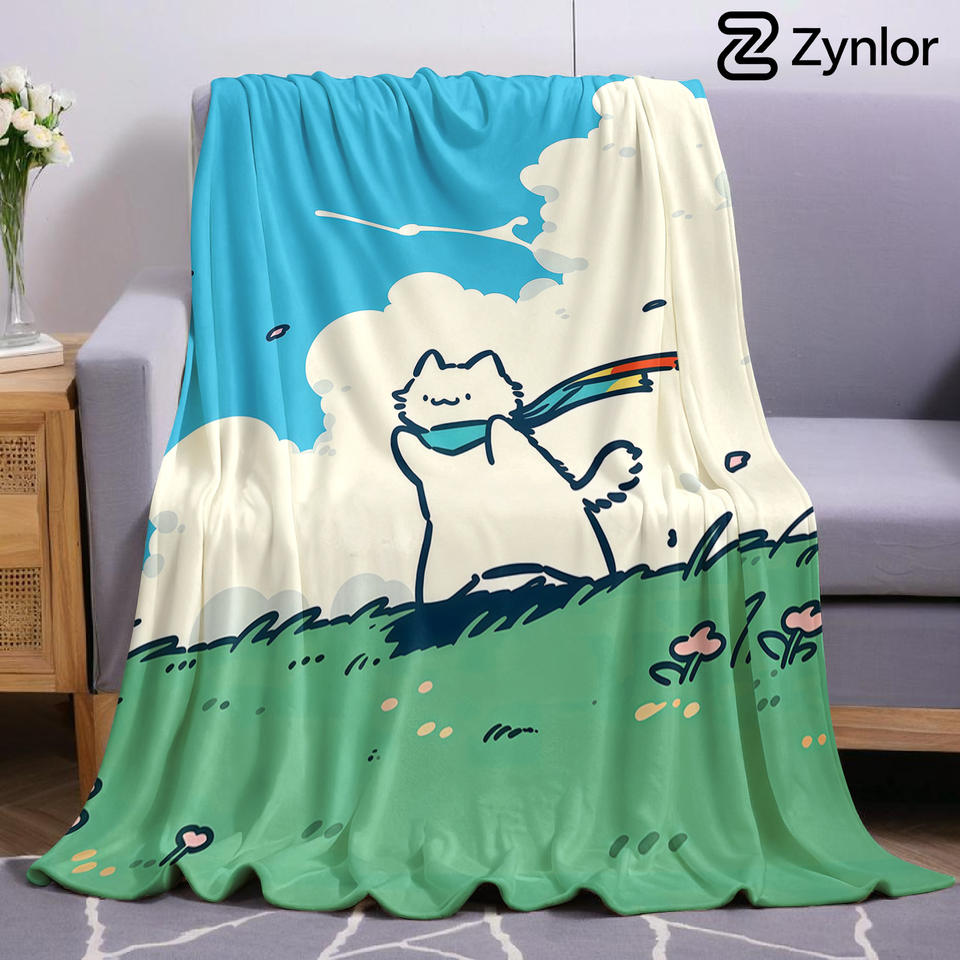 Grass Rainbow Scarf Cat Cartoon Anime Print Flannel Blanket Soft Warm Throw for Kids Bedroom Sofa Bed Christmas Office Car
