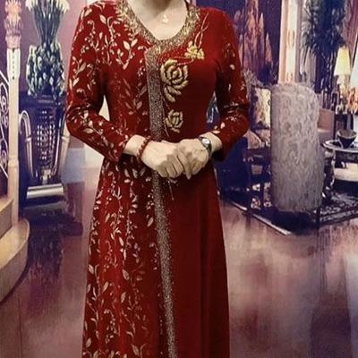 Pendeln Bedruckte elegante Kleider mit V-Ausschnitt Frühling Herbst Neue A-Linie Damenbekleidung Langarm Stilvolles langes Kleid mit Blumenmuster und Diamanten