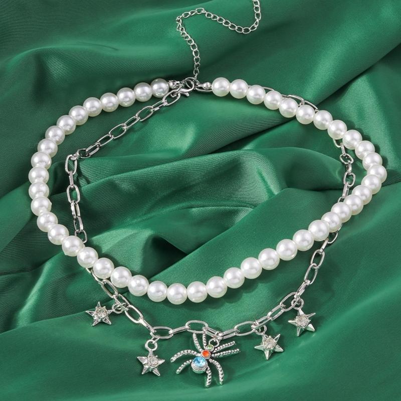 Pearl Layer Necklaces Link Chain Choker Unique Bat Star Pendant Clavicle Chain Personality Fringe Necklace for Women