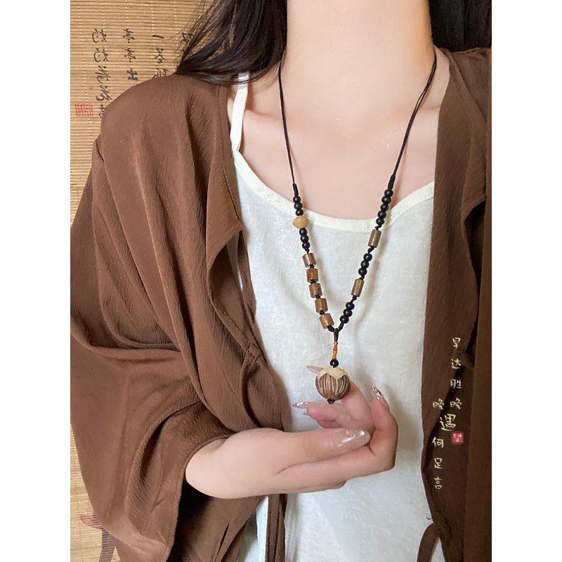 Retro Wood Woven Flower Long Necklace Women's New Chinese Ethnic Style Zen Sweater Chain Decorative Lanyard Accessories