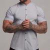 Men Slim Fit Short Sleeve Mandarin Collar Shirt Button Down Casual Business Top