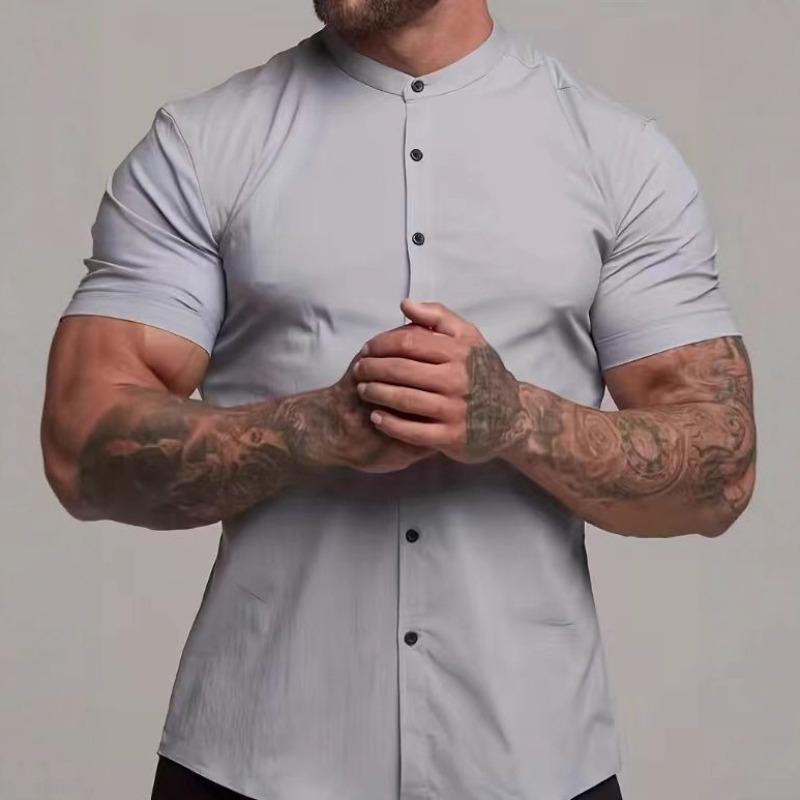 Men Slim Fit Short Sleeve Mandarin Collar Shirt Button Down Casual Business Top
