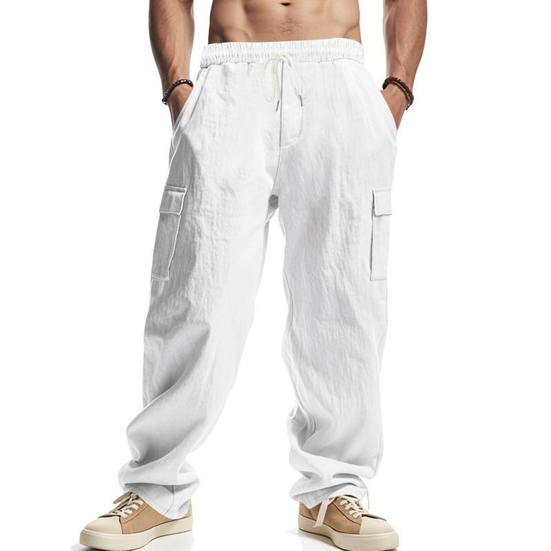 Men's linen trousers four seasons thin section breathable workwear multi-pocket loose casual trend wide-legged trousers