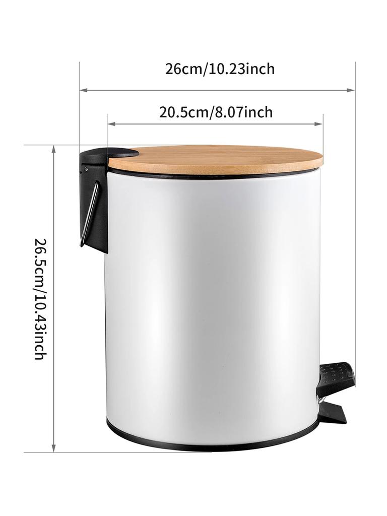 Zimmer Weiß Runder Metall Mülleimer mit Bambusdeckel und Pedal 5L Müllbehälter Eimer mit Herausnehmbarem Inneneimer Badezimmer