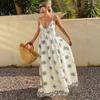 Women Floral Print Maxi Dress V Neck Spaghetti Strap Tie Waist Flowy Casual Vacation Wear