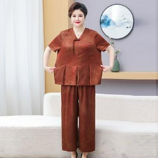 Summer Chinese Style Two-Piece T-Shirt Set for Middle-Aged Women - Plus Size, Loose Fit, Short Sleeve