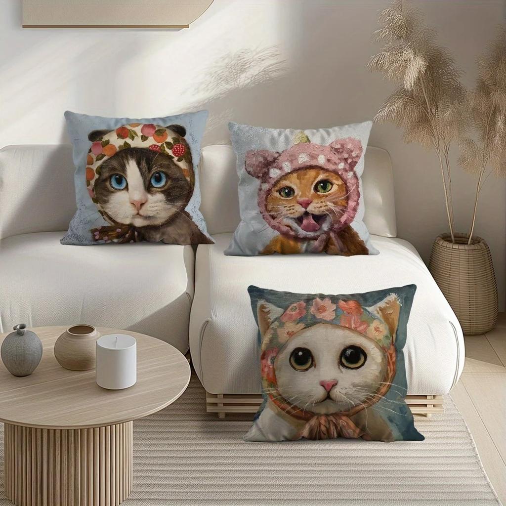 Home Decor Cute Cat With Floral Headwear Pillow Covers Pattern Cushion Cover Suitable For Sofa Bedroom Car Pillow Cover