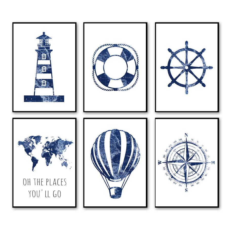 World Map Hot Air Balloon Sailboat Compass Retro Wall Art Nordic Posters Painting Cartoon Pictures Kids Room Decor Canvas Prints