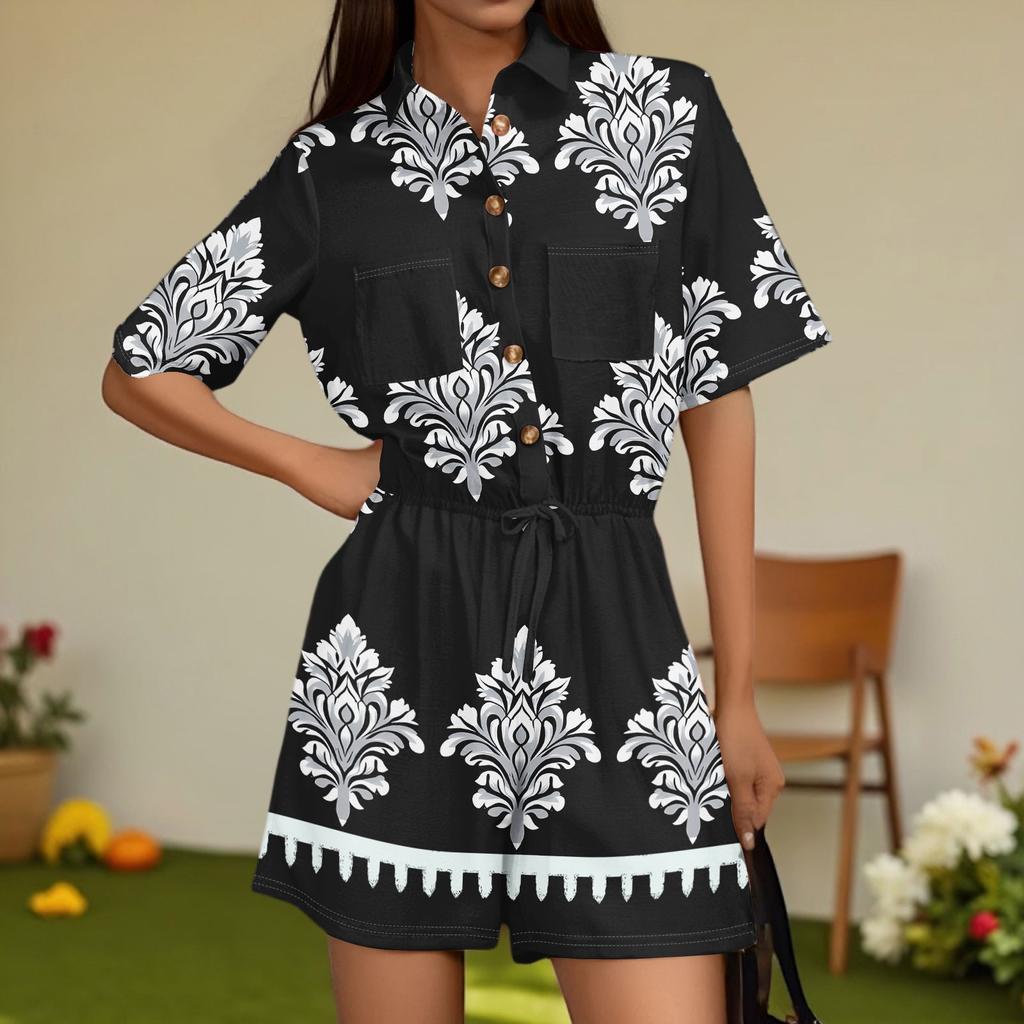 Women's Fashion V-neck Jumpsuit Plaid Casual Short Sleeve Top Jumpsuit