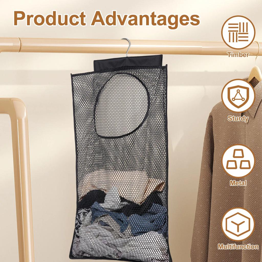 Dirty Clothes Storage Bag Basket Foldable Laundry Basket Wall Hanging Household Clothing Organizer with Hook Bathroom Mesh