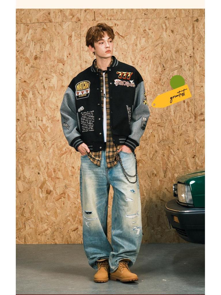 Herren Flockstickerei Bomberjacke für Herbst/Winter – Lockere Passform Amerikanischer High-Street-Stil