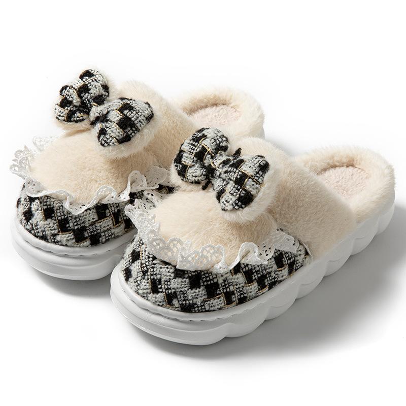 Cartoon bow wool slippers autumn and winter home living room bedroom warm fleece soft bottom lightweight cotton slippers