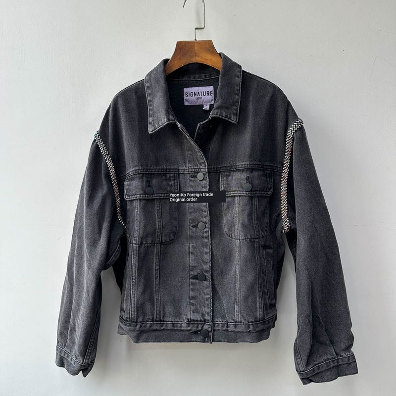 Los Angeles Single Super Cool Big Brand Same Style Boyfriend Style Handsome Profile Versatile Denim Jacket Shoulder Colorful Crystals