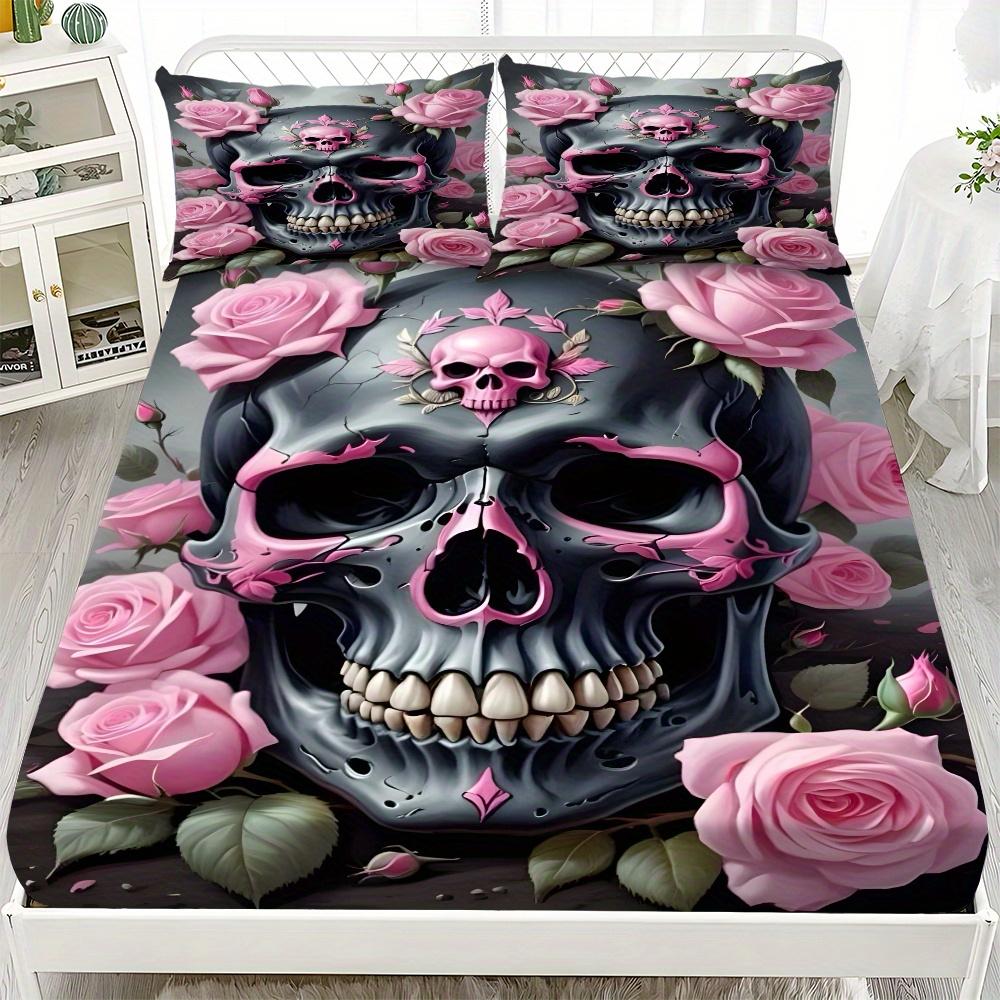 

1pc Gothic Style Fitted Sheet Pink Skull 3D Print 100% Polyester Cover Breathable Bedding Set Home Decor without Pillowcases 99x190x25cm