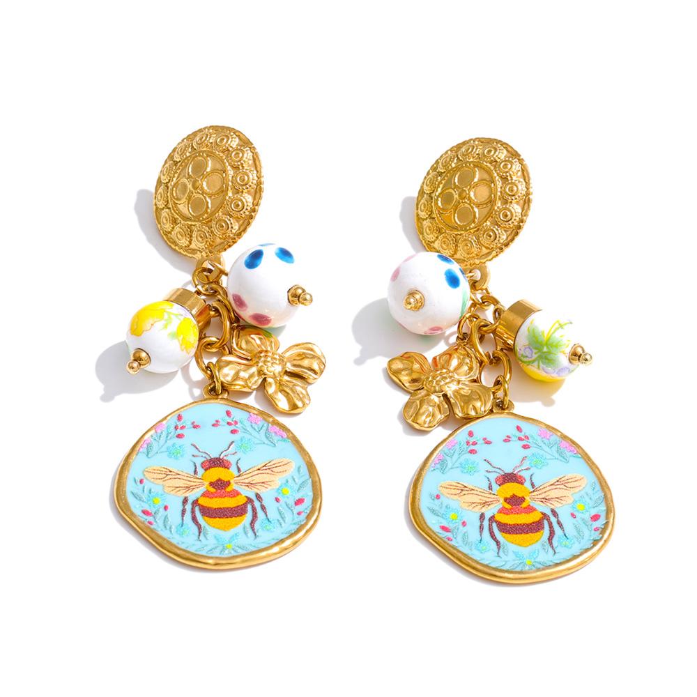 

Yhpup 2026 Stainless Steel Ceramic Flower Honeybee Drop Earrings 2026 Exclusive Design Trending Charm Aesthetic Jewelry Gift