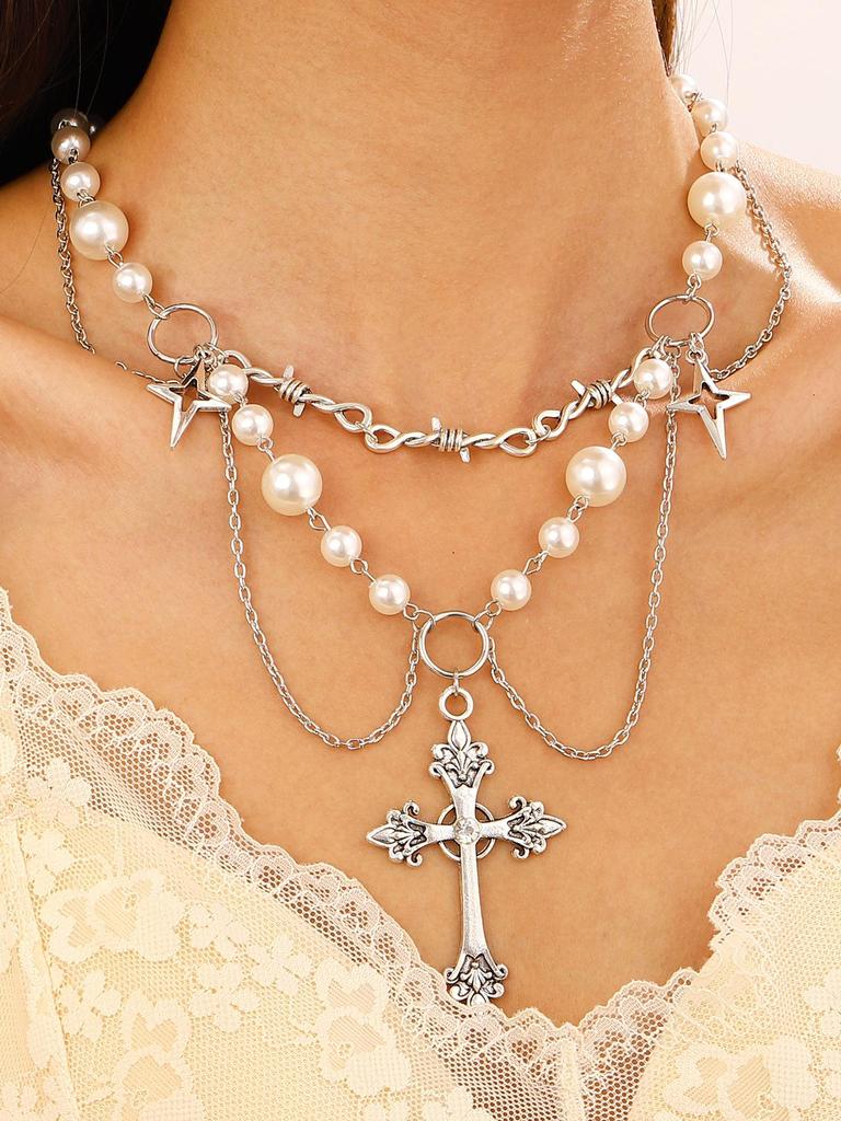 Women's Geometric Diamond Cross Necklace - European & American Punk Hip-Hop Style Choker