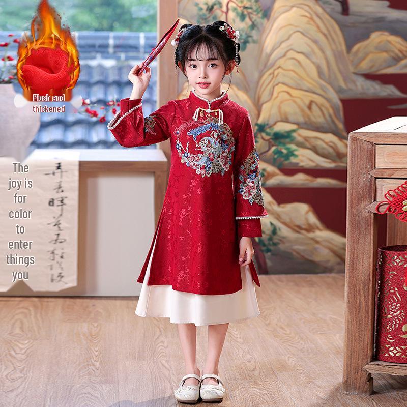Girls' New Year Long-Sleeve Qipao: Children's Chinese-Style Autumn/Winter Dress 2026