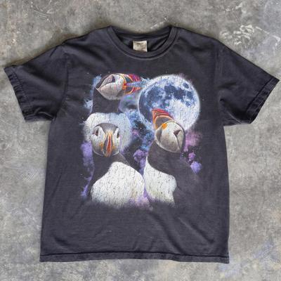 Three Puffins Howling Moon T-Shirt, Starry Night Wildlife Top