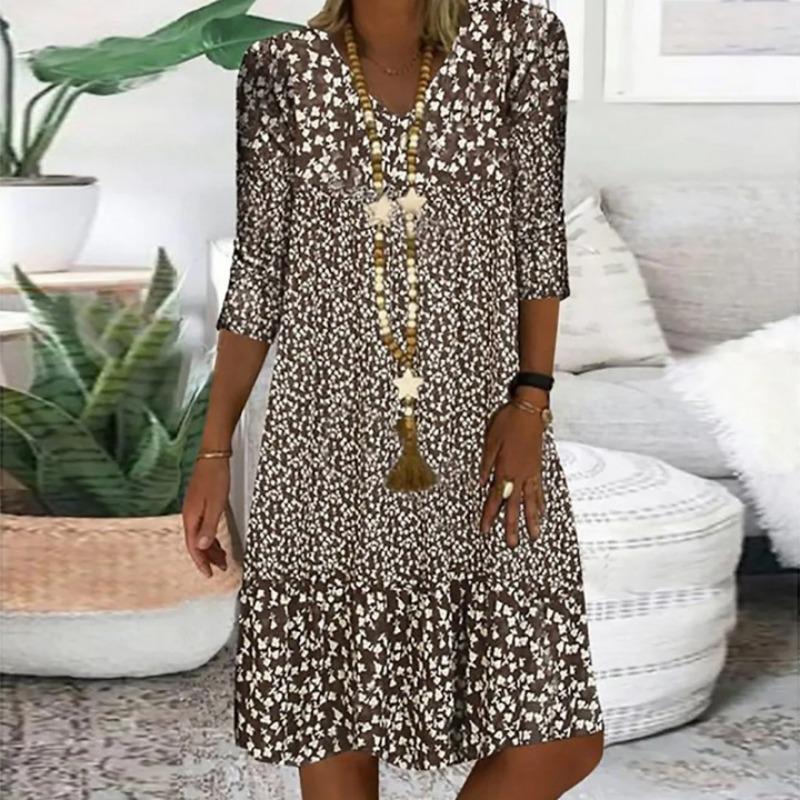 Women's Summer Printed Mid Sleeve V-Neck Midi Dresses