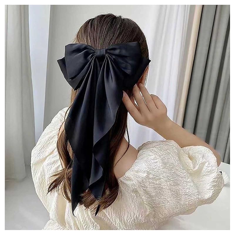 Andelaisi Vintage Silk Bow Hair Clips Black Bowknot Hair Barrettes Long Tail Silk Bow Hair Clip Barrette Large Bow Hair Accessories French Bowknot