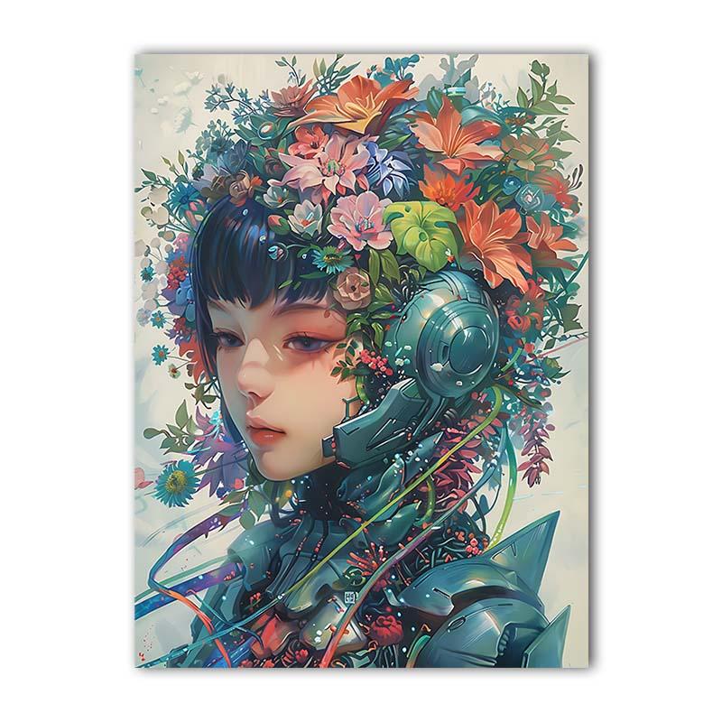 Nordic Wall Art Pretty Robot Girl Flowers Canvas Painting Modern Style Poster Prints Living Room Home Wall Decor