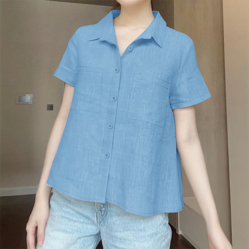 

ZANZEA Женская летняя повседневная блузка с отложным воротником и короткими рукавами синий