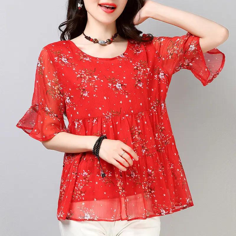 

Blouse Women Chiffon Shirt Short Sleeve Women s Top Printed Loose Round Neck Blusas 5XL