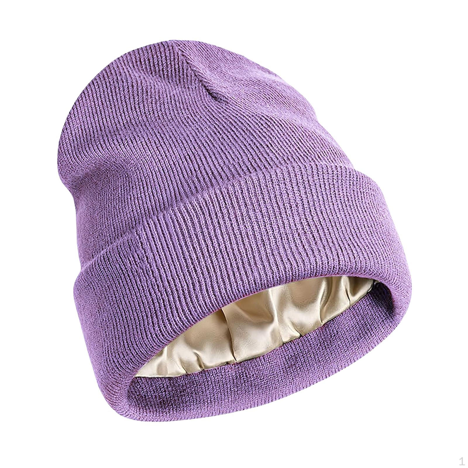 

Crochet Knitted Hat Satin Lined Knit Beanie Stretch Slouchy Thermal Cap Silk Interior Hair фиолетовый