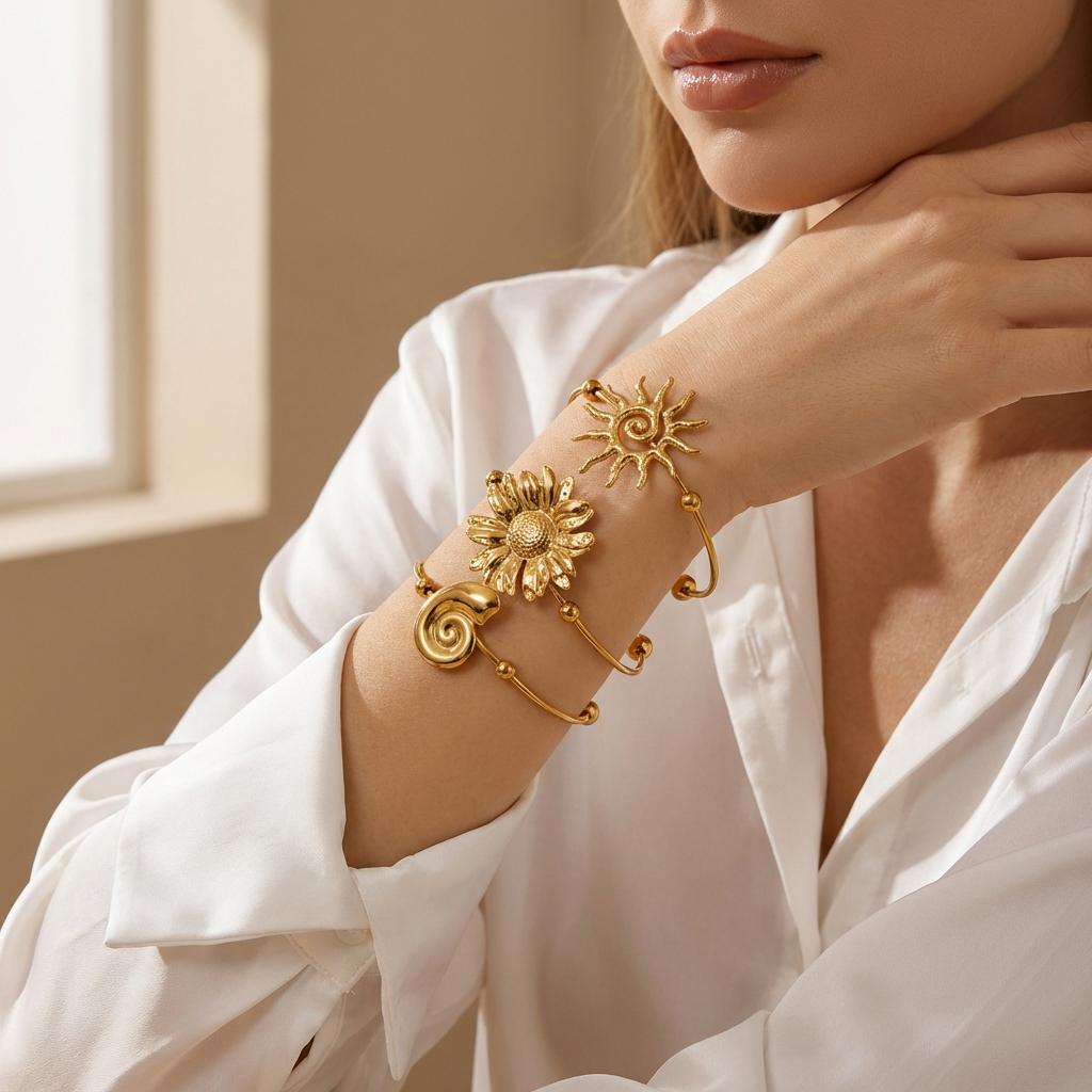 Edelstahl Ozean Serie Armreif für Damen Seestern Oktopus Schildkröte Muschel Verstellbares Armband Strandparty Charme Schmuck