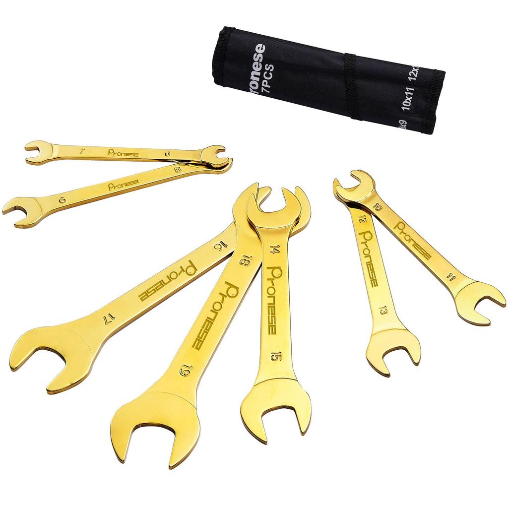 Pronese Wrench 3mm Mirror Made by Wide Range of Sizes Ultra-Thin Set, Thin, Gold-Colored, 7-Piece Set, Double-Ended, Thick, Finish, 6-19mm, CRV,
