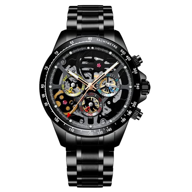 

HaiQin Skeleton Black Daytona Automatic Watch with Full Water Stainless Steel Sapphire Perfect for and Gifts Men s Calendar, Resistant, Strap,