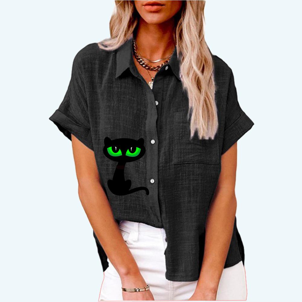Damenmode Reverskragen Top Sommer&Herbst Lässiges Kurzarm T-Shirt Leinenblusen mit Tasche Katzendruck Strickjacke Lockeres Hemd