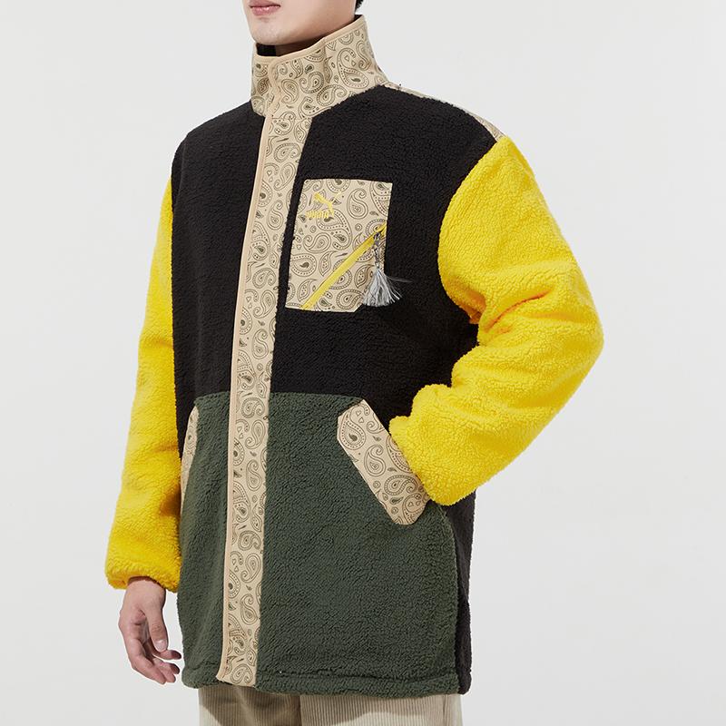 Puma Paisley Cashew Pattern Panel Pocket Patchwork Plush Fleece Collared Jacket With Logo Men Outerwear Lemon-Yellow 534984-51
