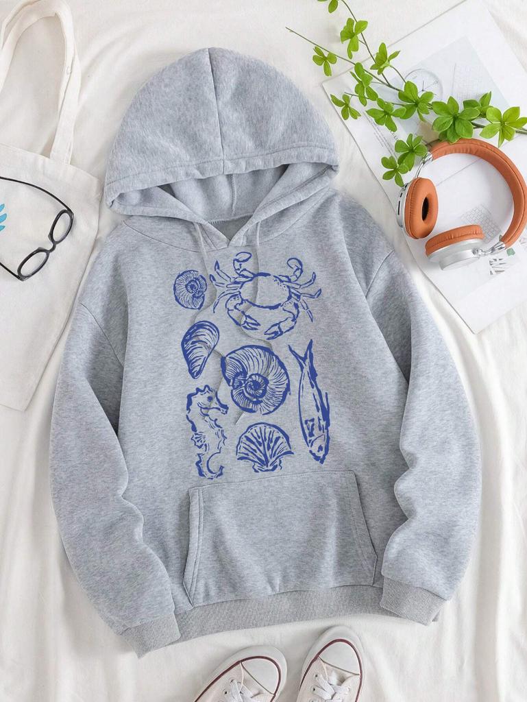 Ocean Fauna Fish Conch Design Women Hoody Loose Fleece Hoodie Autumn Y2K Pocket Hoodies Multicolor Soft Woman Streetwear