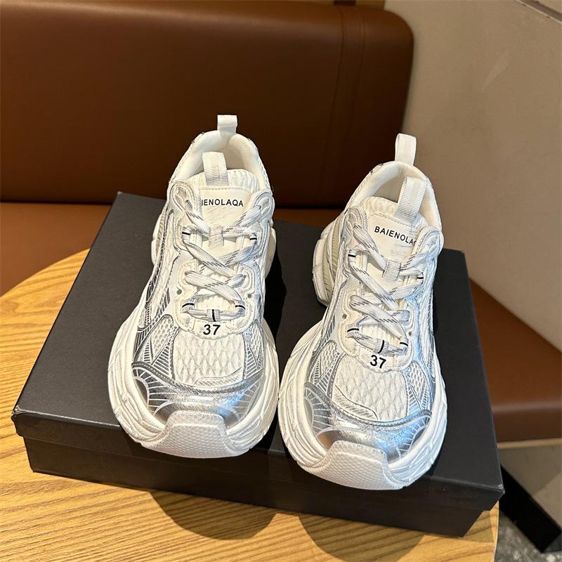 Buty sportowe letnie srebrne grube dno buty pops damskie buty zwiększające wzrost oddychająca siateczka cienkie modele wygodne klasyczne codzienne trampki