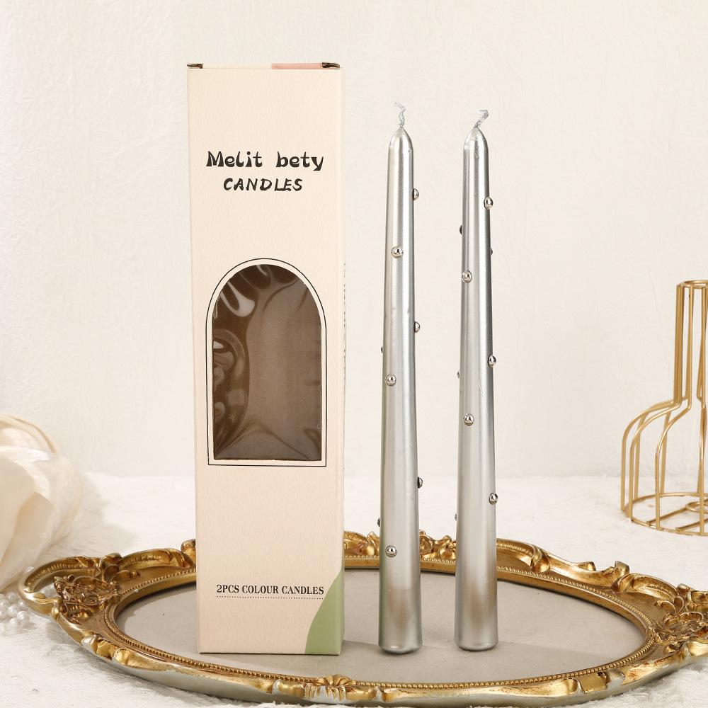 

Европейская электрогальваническая цветная жемчужная длинная свеча-столб для домашнего использования без свадебного ужина при свечах, подсвечник-столб, воск 2 pcs of electroplated silver pearl wax