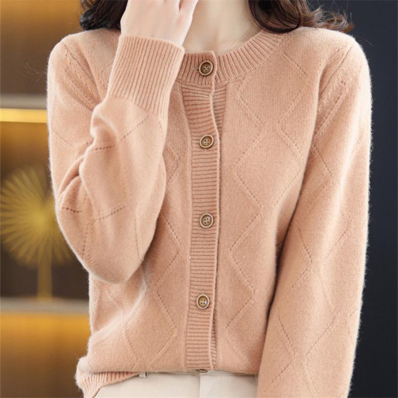 2025 Retro Diamond Lattice Knit Cardigan - Solid Color, Autumn/Winter, Round Neck