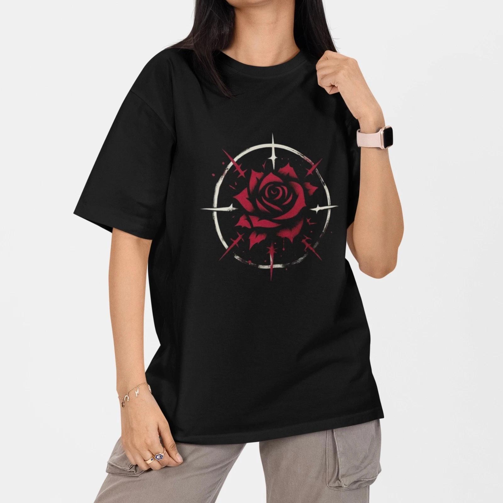 Red Rose Sunburst Graphic 100% Cotton Black T-Shirt Vintage Floral Art Tee M