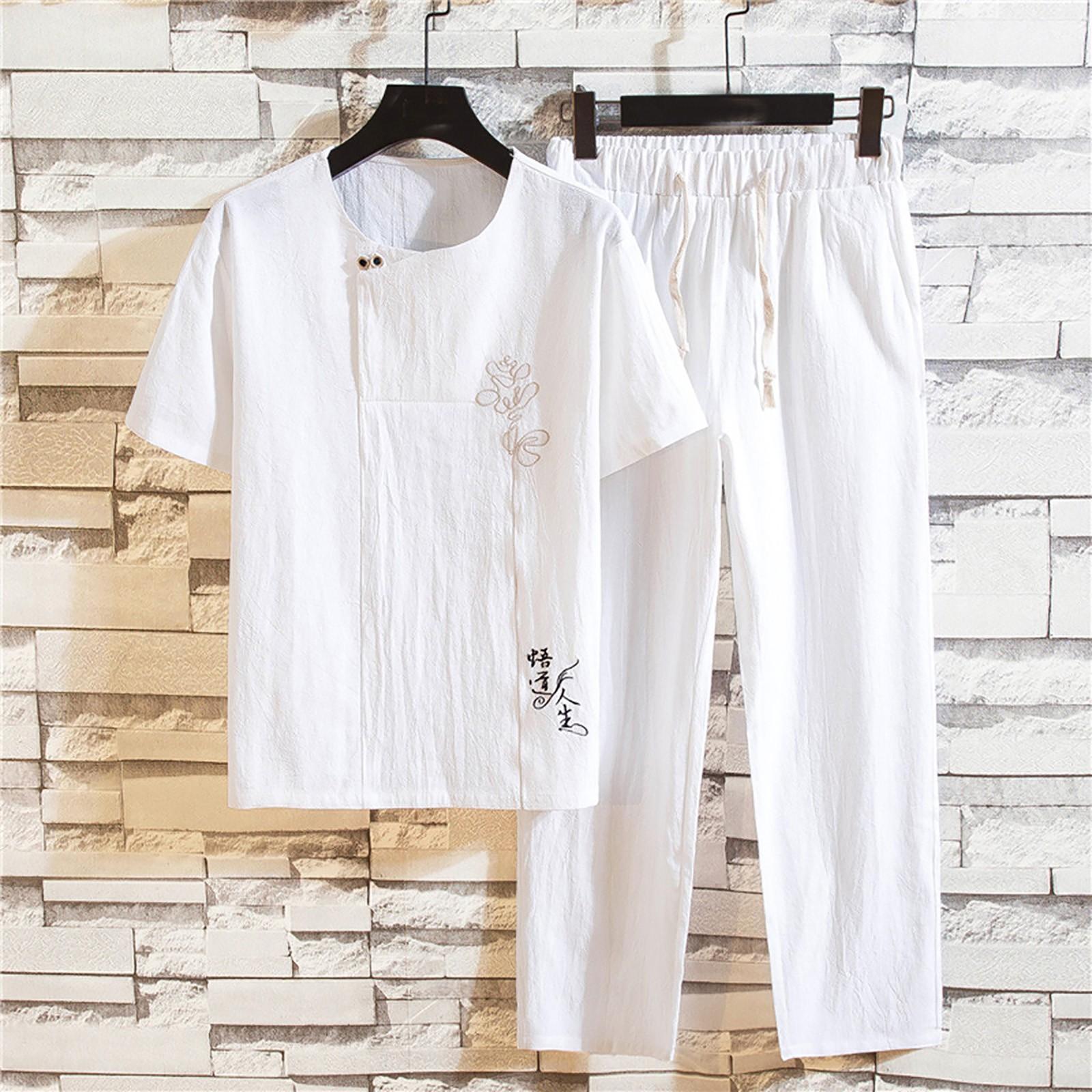 

Мужские летние новые хлопковые и конопляные длинные брюки с короткими рукавами, модный удобный костюм XXXXXL белый