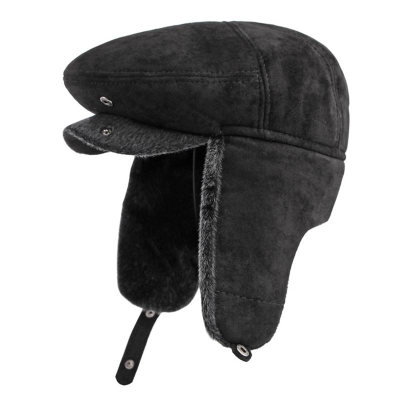 Winter Men's Cap Plush Thicken Berets Hat With Ear Flap Duckbill Newsboy Middle Aged Elderly Herringbone Flat Peaked Hat Male