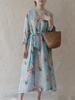 Johnature Women Vintage Print Floral Bandage Dresses V-Neck Long Sleeve High Quality Robes Spring Button Dress