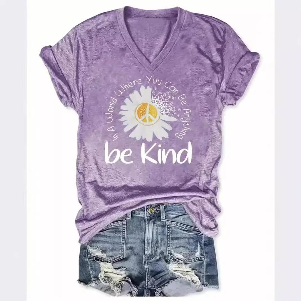 Summer V-neck 3D Flower Pattern Printed Top Fashionable Casual Short Sleeved Women's T-shirts