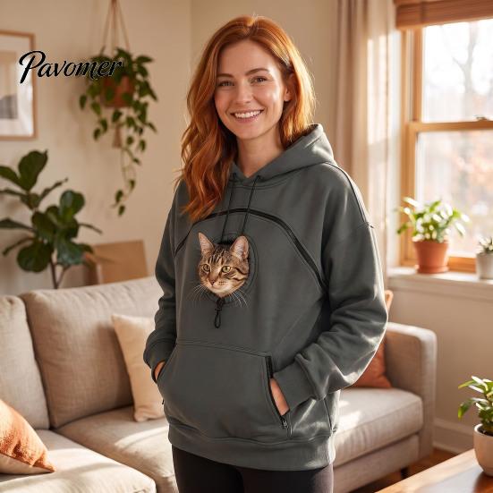 Warm Pet Pouch Clothing Women Hoodie with Head Hole, Oversized Hooded Sweatshirt Hole Zipper Pockets, Dog Cat Carrying Pullover Top for Fall
