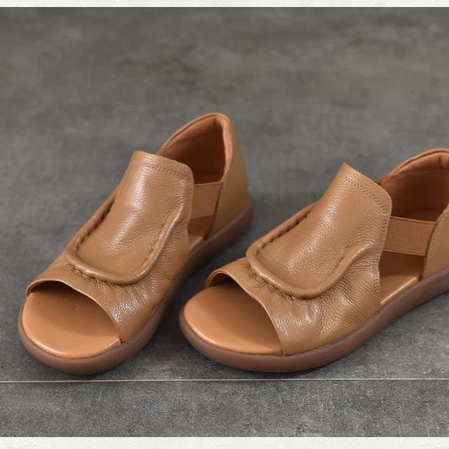 Johnature Simple Versatile Flat Sandals Genuine Leather Cowhide Hollowed Out Peep Toed Women's Shoes