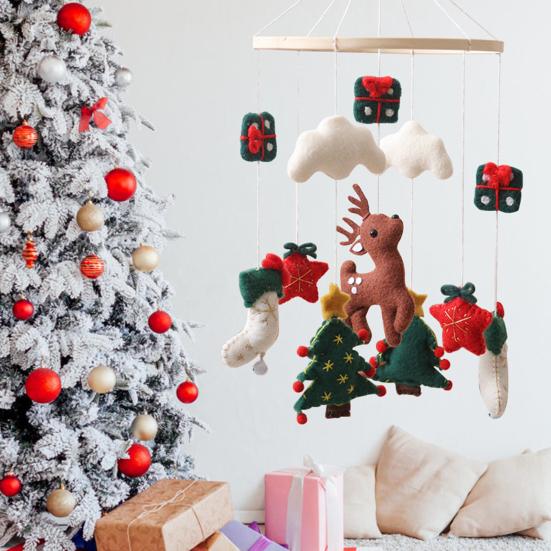 Christmas Crib Mobile Handmade Felt Baby Bed Bell with Reindeer Tree Stars Nursery Decor for Infants Safe Festive Holiday Gifts
