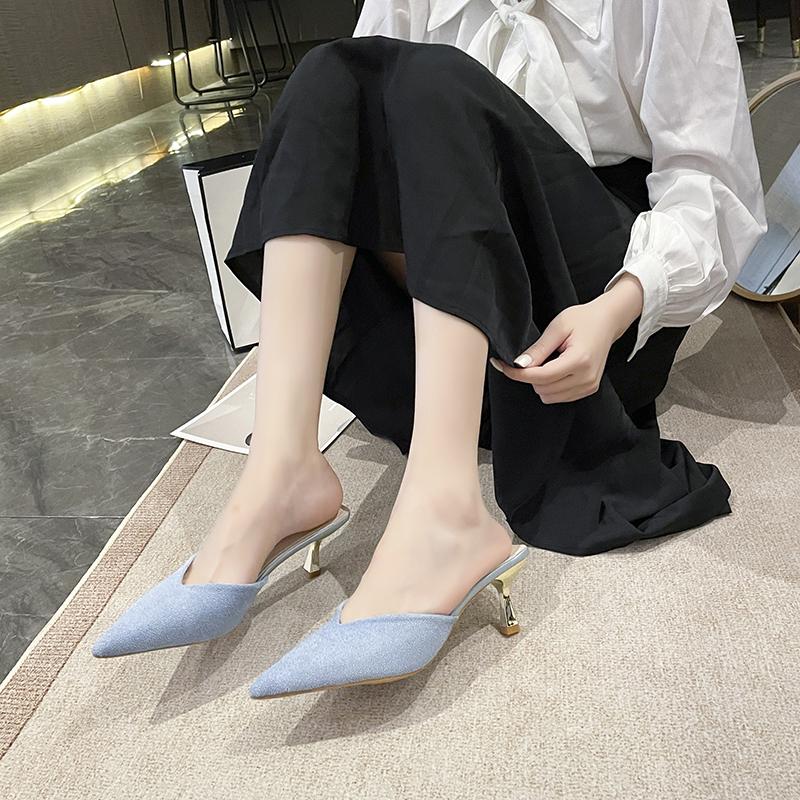 

Классические модные тапочки для женщин шлепанцы для улицы на тонком высоком каблуке туфли для женщин однотонные кожаные флоковые с квадратным носком летняя обувь 36 синий