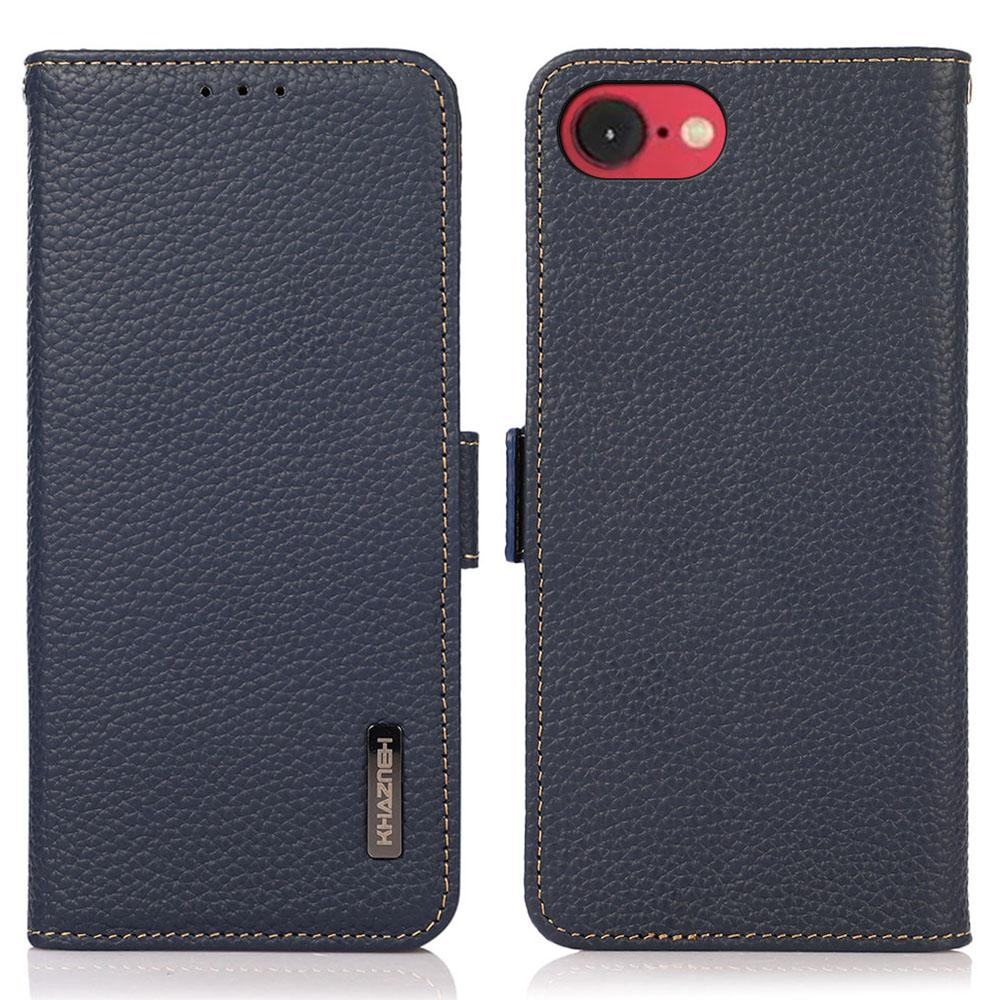

KHAZNEH For iPhone 16e Phone Case Genuine Cow Leather Cover RFID Blocking Blue