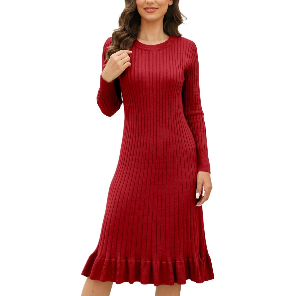 Women's Fashion Autumn Winter Slim Mid-length Knitted Pullover Ruffled Pleated Dress Pleats