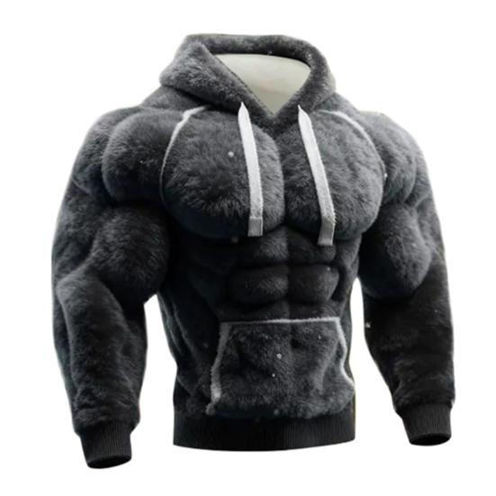 Yousheng Men Muscle Hoodie 3D Pattern Fuzzy Pullover Muscular Long Sleeve Warm Hooded Sweatshirt for Casual Sports Streetwear Fashion